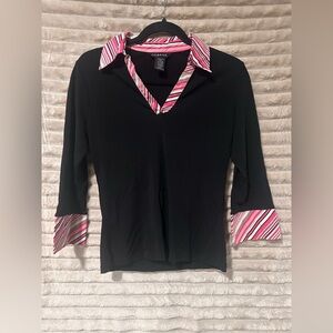 George Black V-Neck Button-Style Top with Pink Stripe Trim